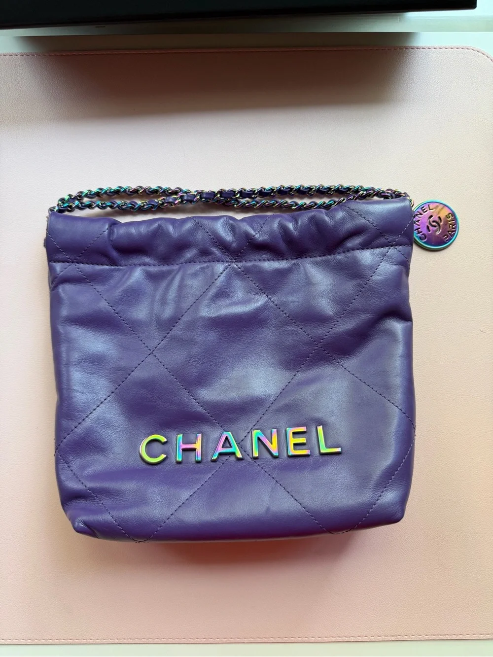 CHANEL Purple Quilted Leather Shoulder/Crossbody Bag with Iridescent Chain